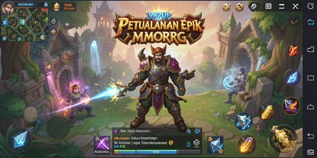 Screenshot gameplay 987UP menampilkan pertarungan epik antara pahlawan dan monster.