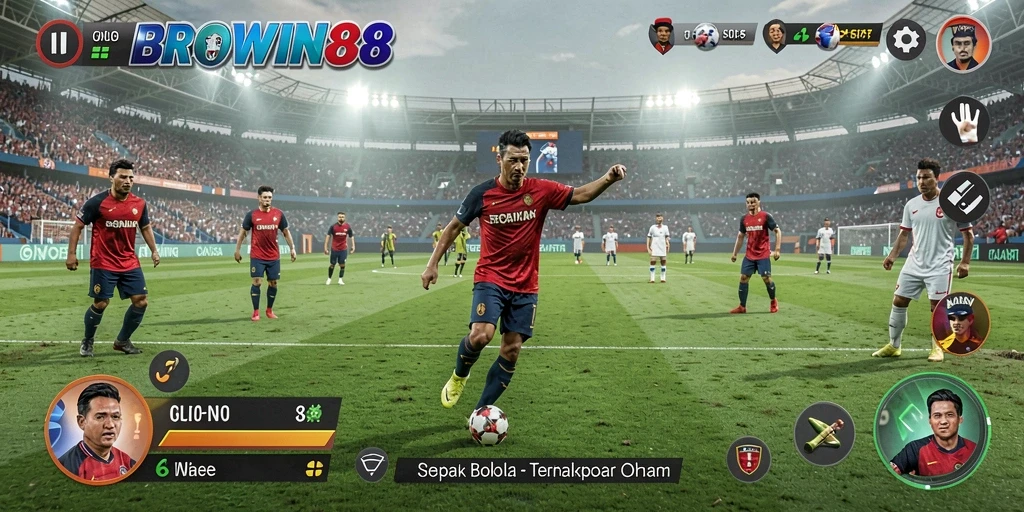 Screenshot BROWIN88 menampilkan aksi gameplay sepak bola yang seru.