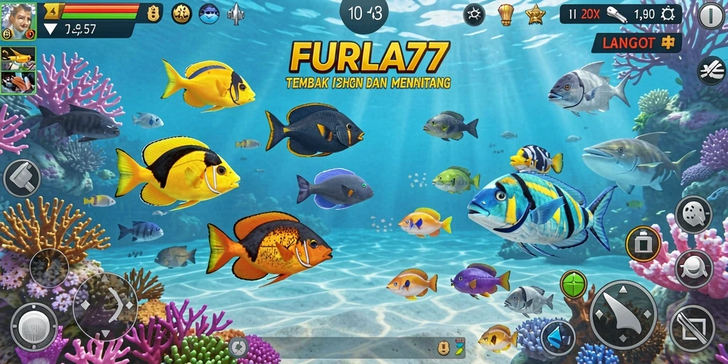 Screenshot FURLA77 menampilkan aksi menembak ikan yang seru dan berwarna-warni.