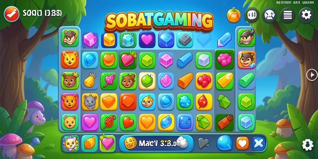 Tampilan gameplay SOBATGAMING dengan permata berwarna-warni.